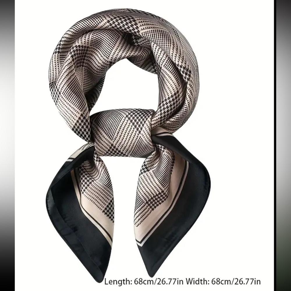 Scarf, Chic Square Black And Milky White, 70 CM (26.7 “), Silky Polyester, New!